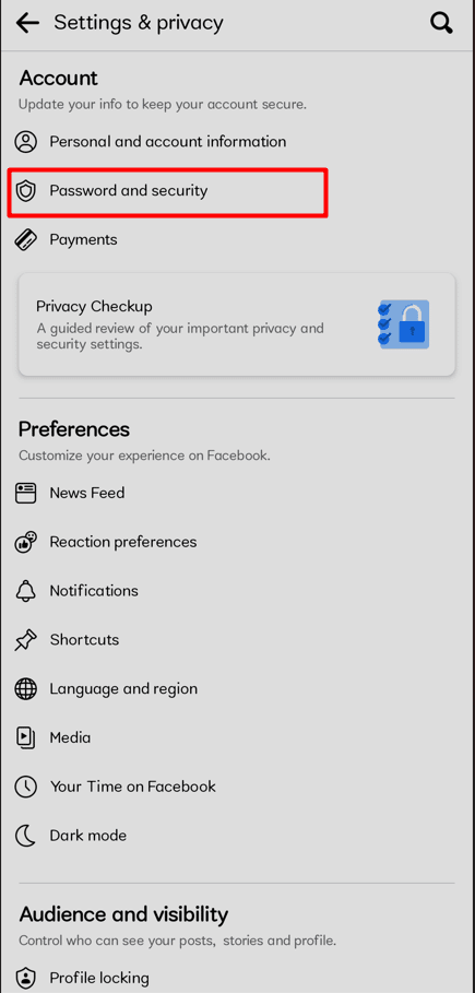 The Account option can be found at top of the Settings page. Click Password and Security here. | How to Log Out Of Facebook App