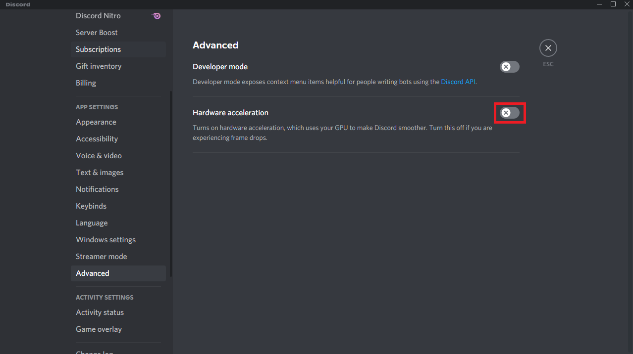 The discord application will restart, repeat step 2 and 3 and check if the Hardware acceleration is turned off.