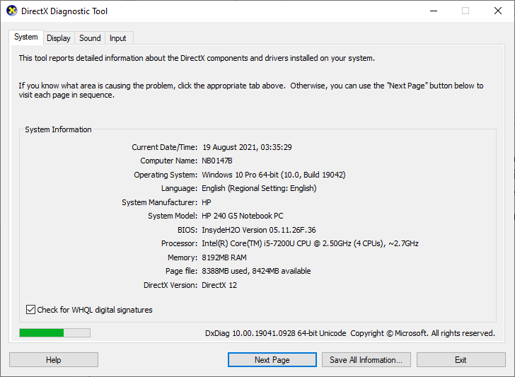เครื่องมือวินิจฉัย directX แก้ไข Dota 2 ไม่ตอบสนองใน Windows 10