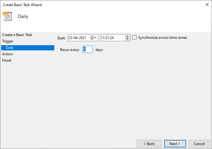 The following window will ask you to set the Start date and time. Fill your Recur every value and click on Next 