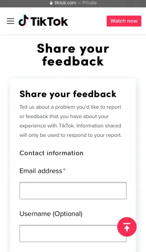 The image shows the feedback form. How to Contact TikTok Support