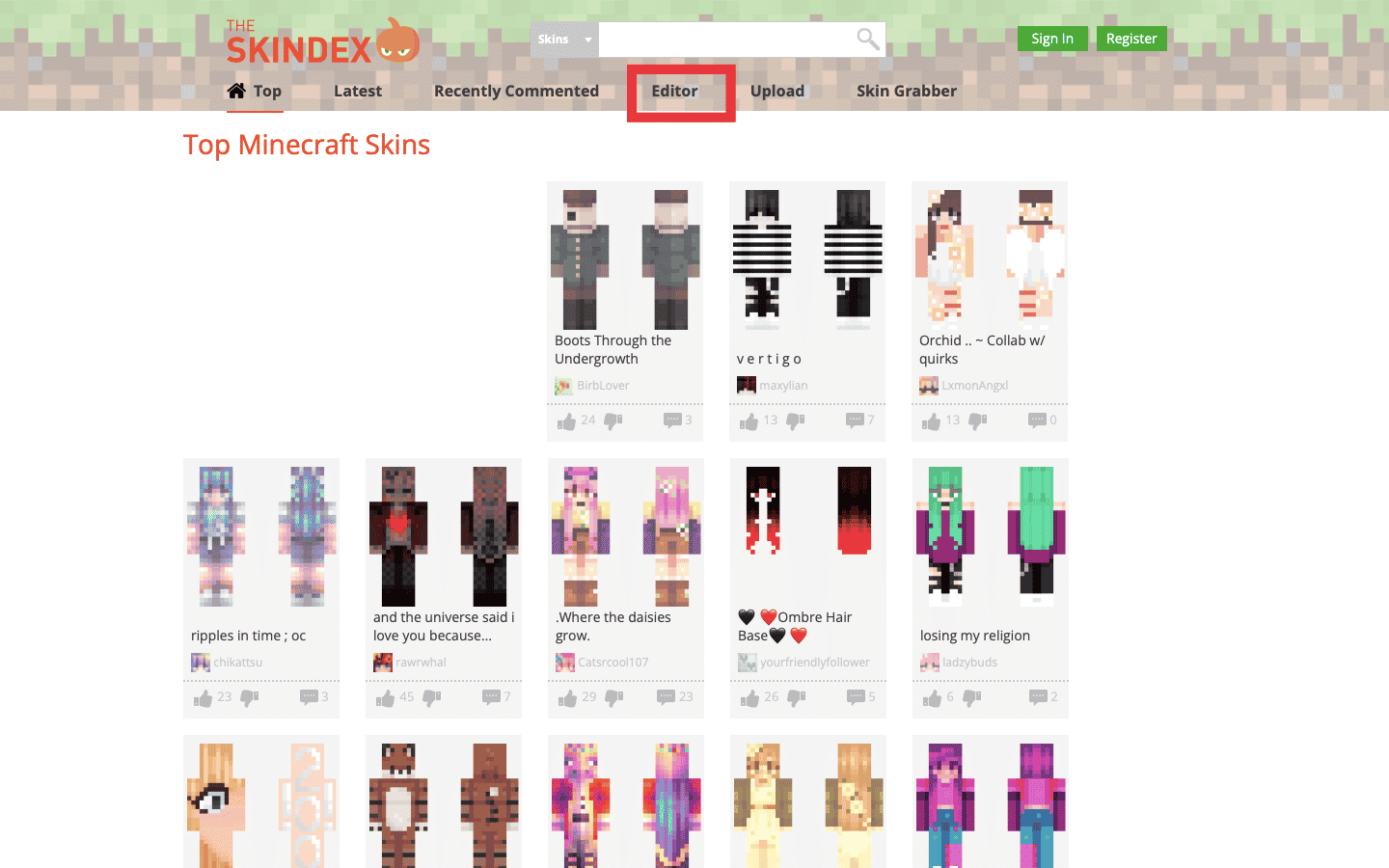 The Skindex website launching editor. How to Change Skin in Minecraft PC