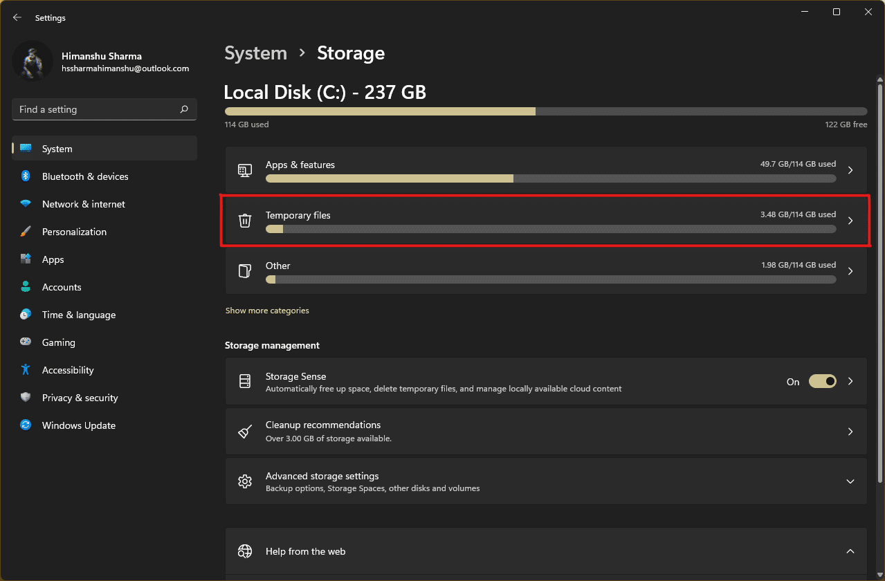 The storage statistics will appear, click on the Temporary files option | How to Clear Cache in Windows 11