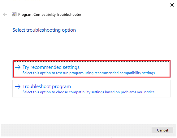 The troubleshooter Window will option, Click Try recommended settings to run the troubleshooter.
