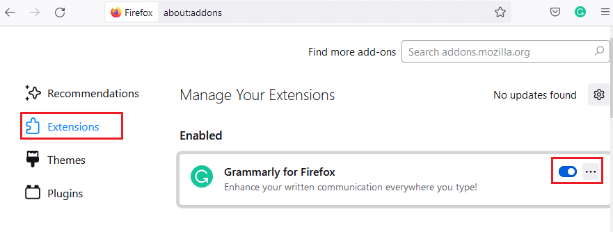 Then, click on Extensions in the left pane and toggle off the extensions. Fix Firefox Connection Reset Error