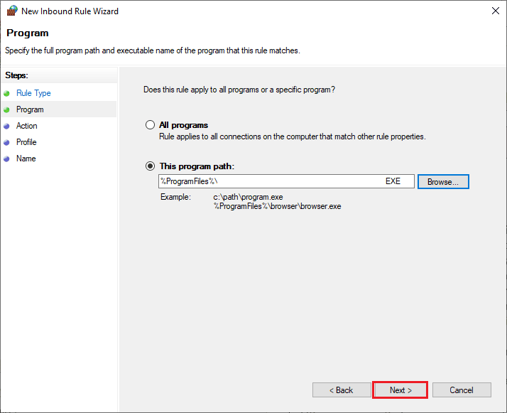 click on Next in the New Inbound Rule Wizard window. Fix WOW51900314 Error in Windows 10