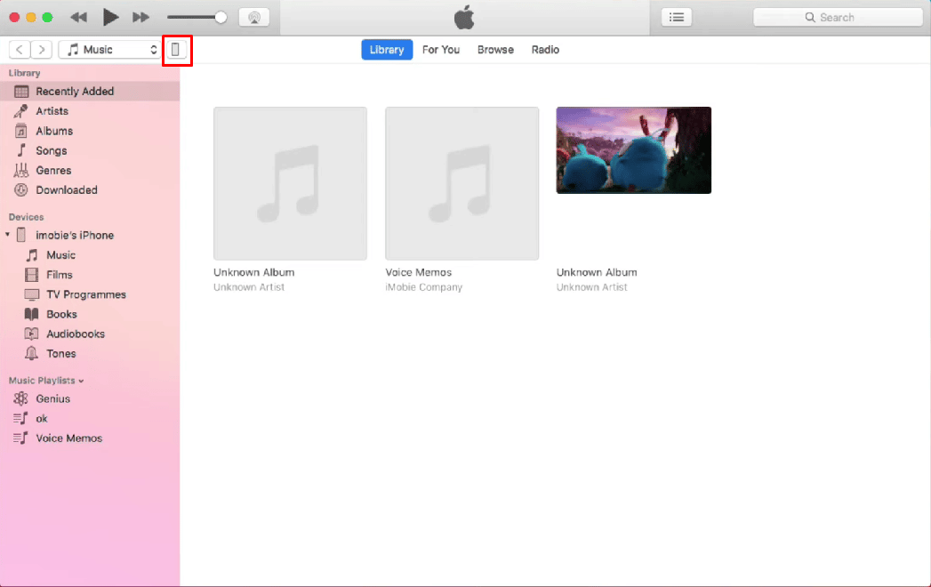 จากนั้นคลิกที่ไอคอนอุปกรณ์ที่ด้านซ้ายบนของหน้าจอหลักของ iTunes