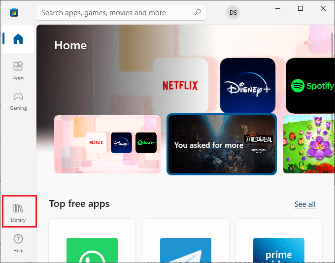 Then, click on the Library icon at the bottom left corner of the Microsoft Store window