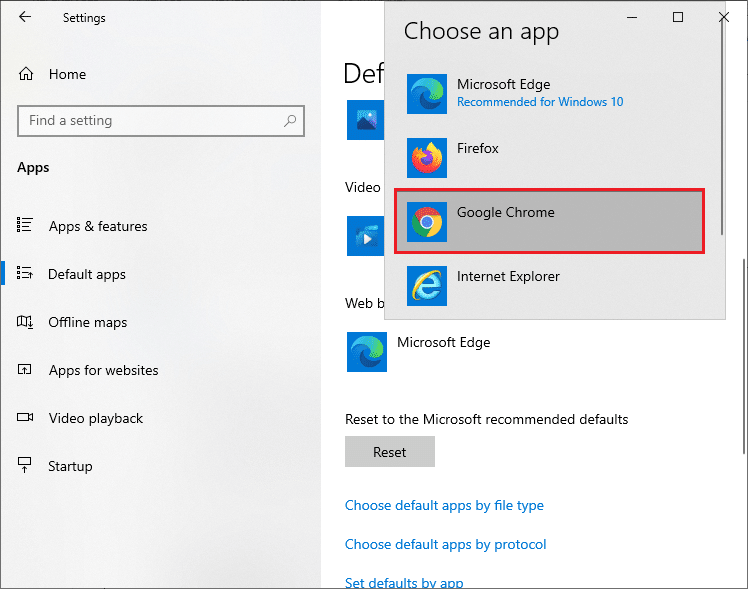 Then, click on your browser name , followed by Google Chrome in the Choose an app pop up menu. How to Change Chrome as Default Browser