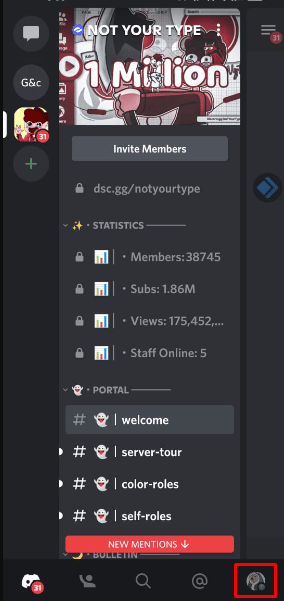 Then from the bottom navbar menu, click on your Discord avatar option to access user settings. 