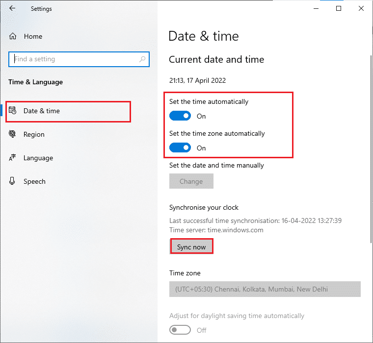 Then, in the Date and time tab, make sure Set the time automatically and Set the time zone automatically options are toggled on