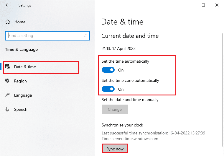 make sure Set the time automatically and Set the time zone automatically options are toggled on