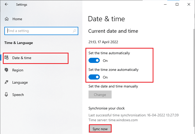 Затем на вкладке «Дата и время» убедитесь, что параметры «Установить время автоматически» и «Установить часовой пояс автоматически» включены.