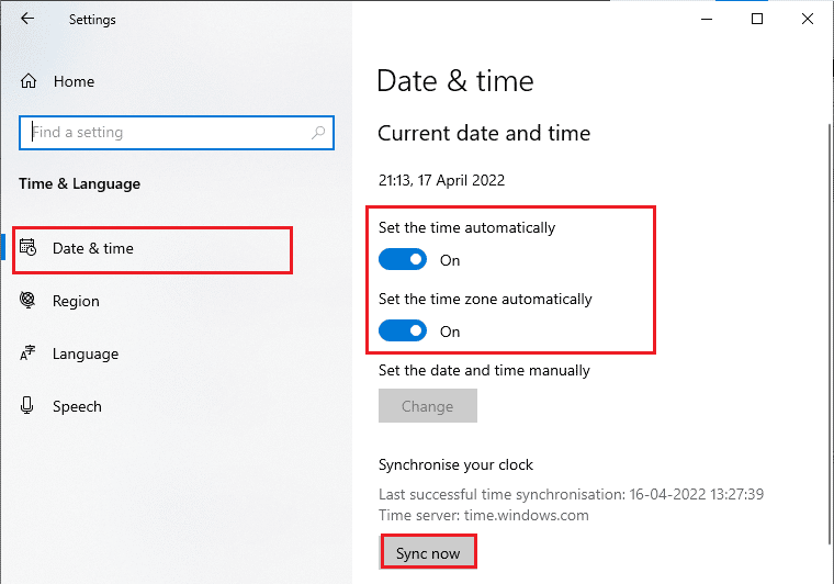 make sure Set the time automatically and Set the time zone automatically options are toggled on