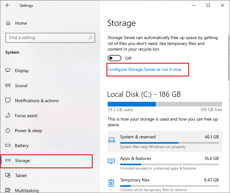 Then, in the left pane, click on the Storage tab, and in the right pane, select the Configure Storage Sense or run it now link. Fix Windows Could Not Search for New Updates