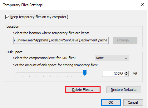 нажмите кнопку «Удалить файлы». Исправить двоичный файл Java TM Platform SE, который не отвечает в Windows 10