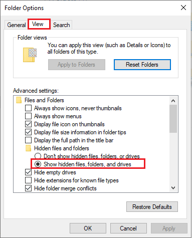 switch to the View tab and click on Show hidden files folders and drives option under Hidden files and folders title