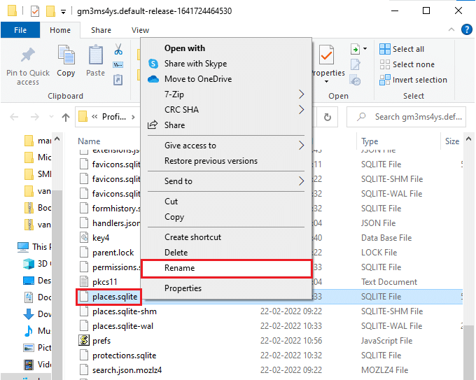 Then, right-click on places.sqlite and rename it to something like places.sqlite.old