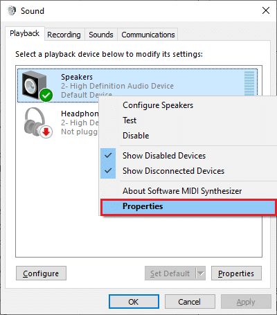 Then, right-click on your default audio device and select the Properties option 