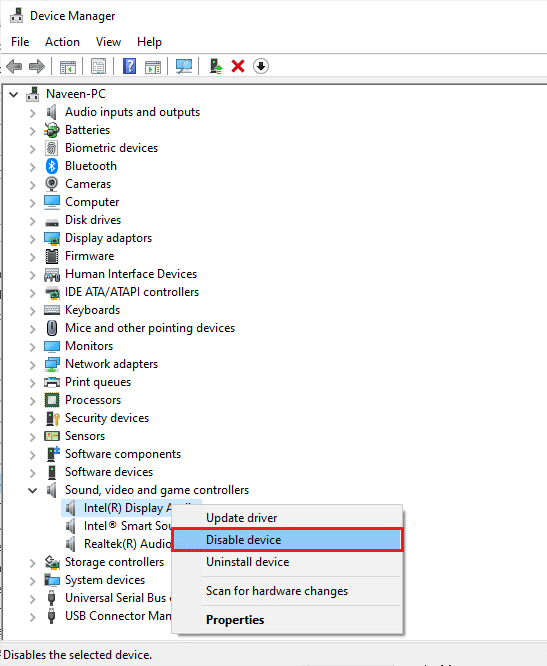Then, right-click on your sound card and select the Disable device option