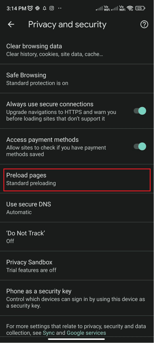 pomaknite se prema dolje po zaslonu i dodirnite postavke Preload pages. 12 najboljih rješenja za nedostupnu adresu ERR na Androidu