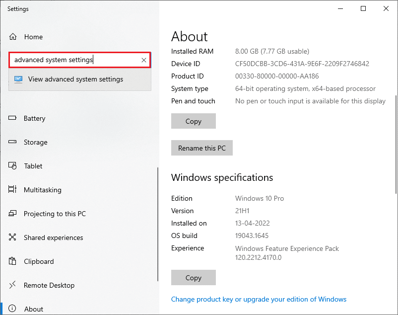 search and click on View advanced System Settings and switch to the Computer Name tab