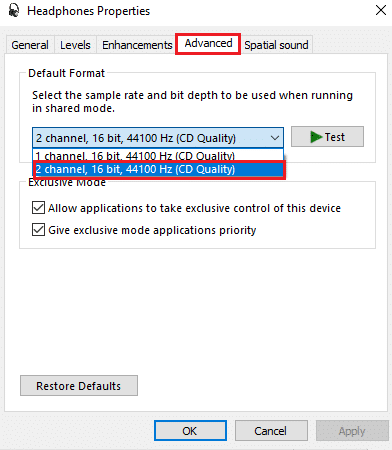 switch to the Advanced tab and select default format
