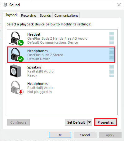 select the default Bluetooth audio device followed by the Properties button