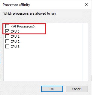 Then, uncheck the All Processors box and then check the CPU 0 box as depicted. Then, click on OK