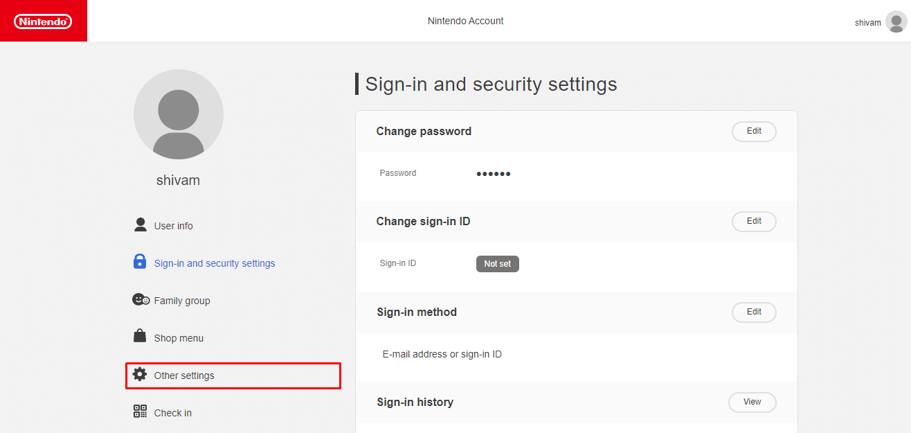 Then under the Accounts settings menu, click on the Other settings option. | change the primary account on your Nintendo Switch