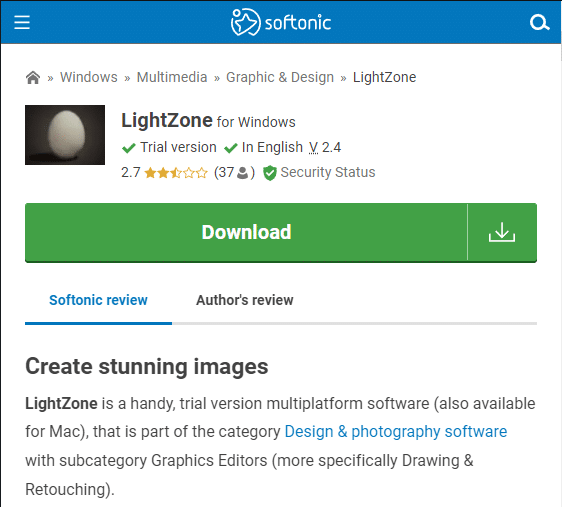 Third Party file hosting website download page for LightZone
