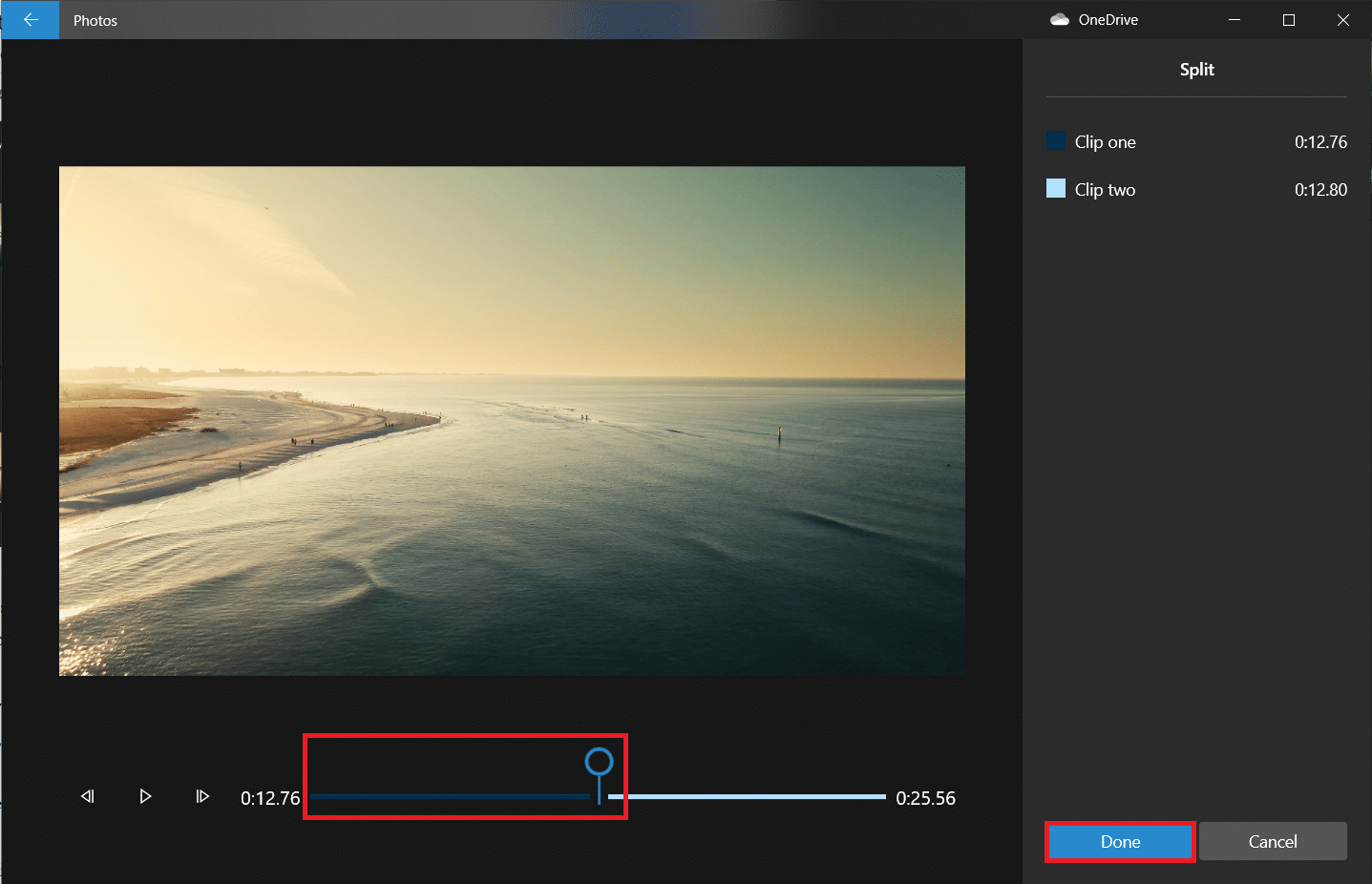 This time, place the split pointer at the time stamp that divides the remaining video into two equal parts, and click on Done. How to Trim Video in Windows 10