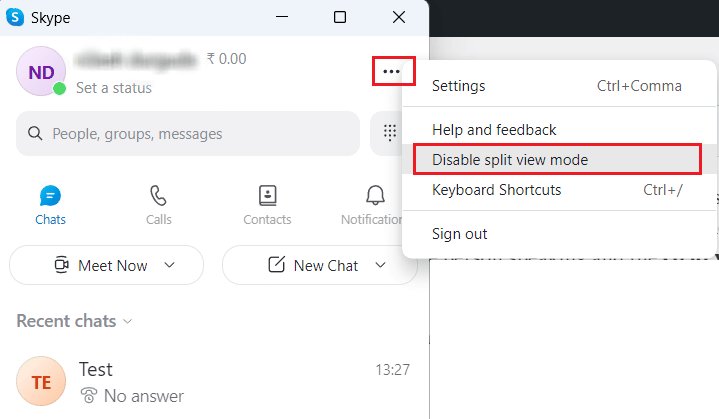 three-dotted icon - Disable split view mode | Skype split view mode not working