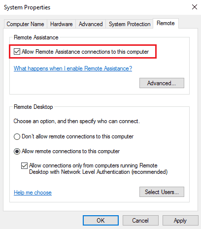 Tick the Allow Remote Assistance connections to this computer box 