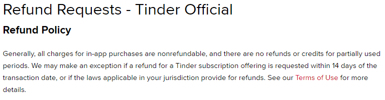 Tinder Refund Policy