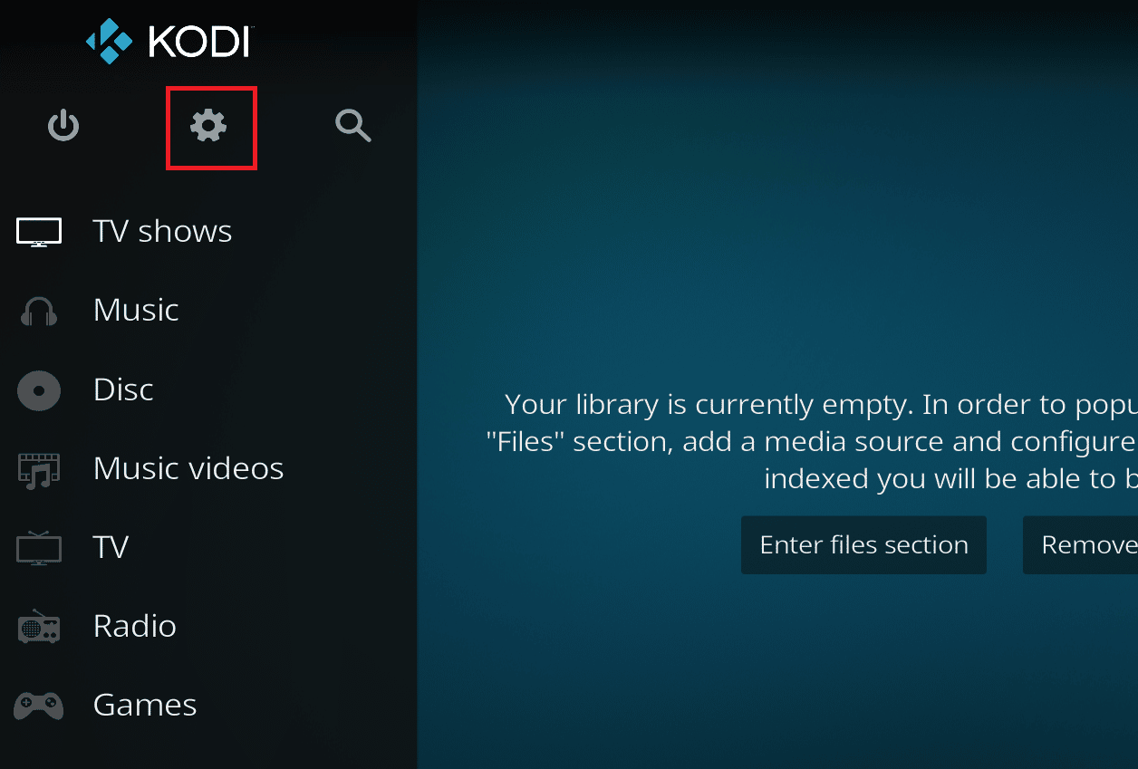 launch Kodi and select the gear icon