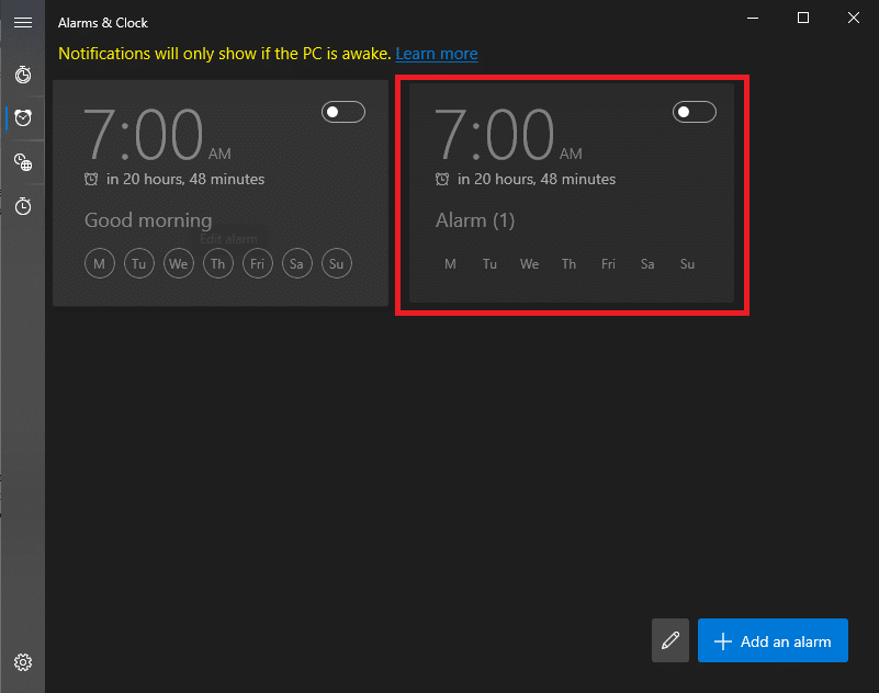 To delete an alarm, click on the saved alarm card