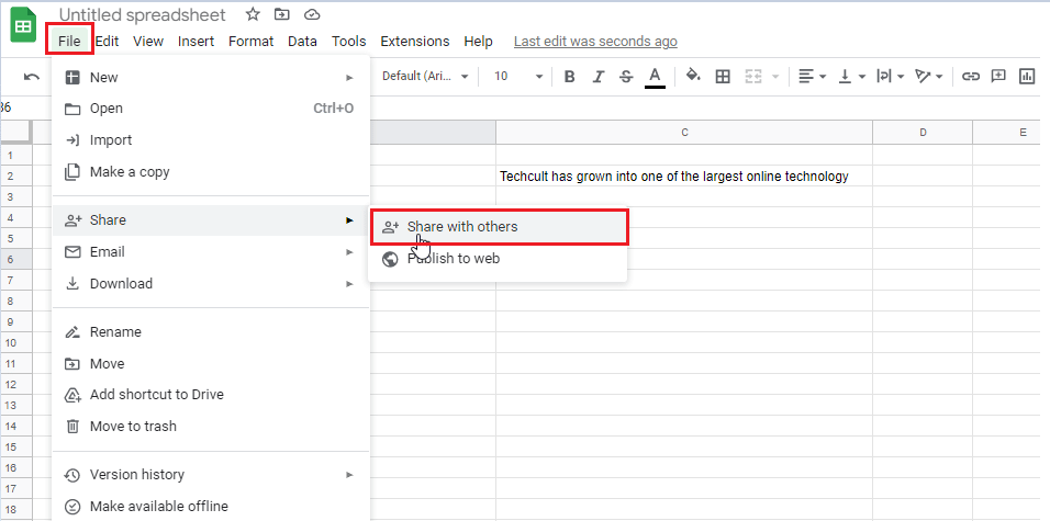go to the File menu in Google Sheets and select Share and Share with others