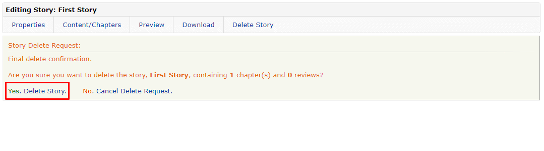 To finally delete Fanfiction story, click on the Yes, Delete Story option. 