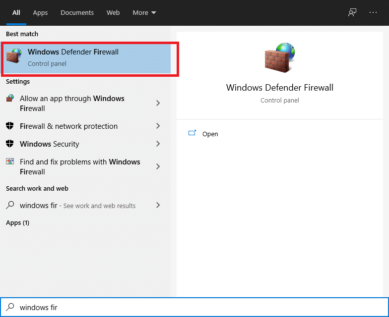 To open the Windows Defender Firewall, click the Windows button, type windows firewall in the search box, and then press Enter.