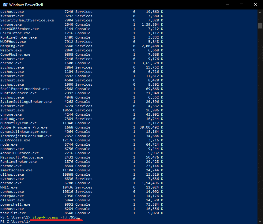 To terminate a process using its PID, use the syntax Stop-Process -Id processID