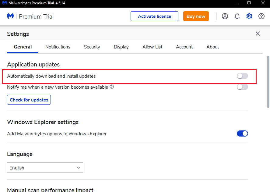 toggle On Automatically download and install updates Malwarebytes