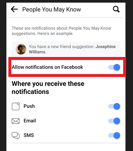 Toggle off Allow notifications on Facebook option