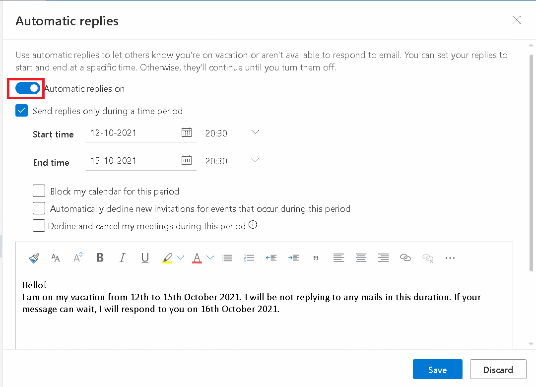 Toggle off Automatic replies on switch. How to Set Out of Office in Teams