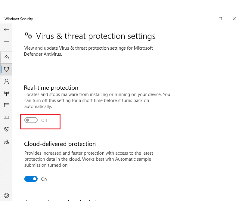 關閉即時保護下的欄位。如何修復錯誤 0x80070002 Windows 10
