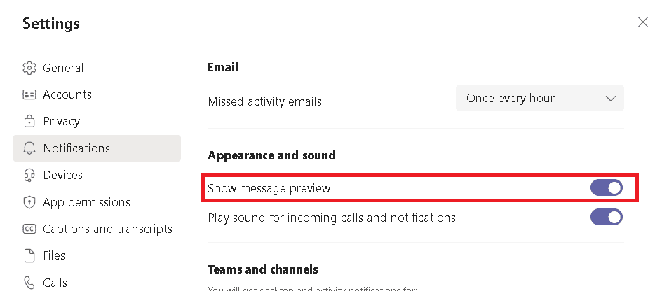 Toggle off the option Show message preview in Notifications | How to Stop Microsoft Teams from Popping Up on Windows 10