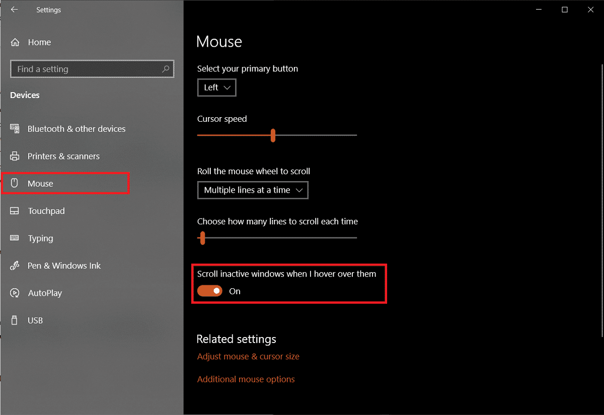 toggle off the switch under Scroll inactive Windows when I hover over them. | How to Fix Mouse Lag on Windows 10? 