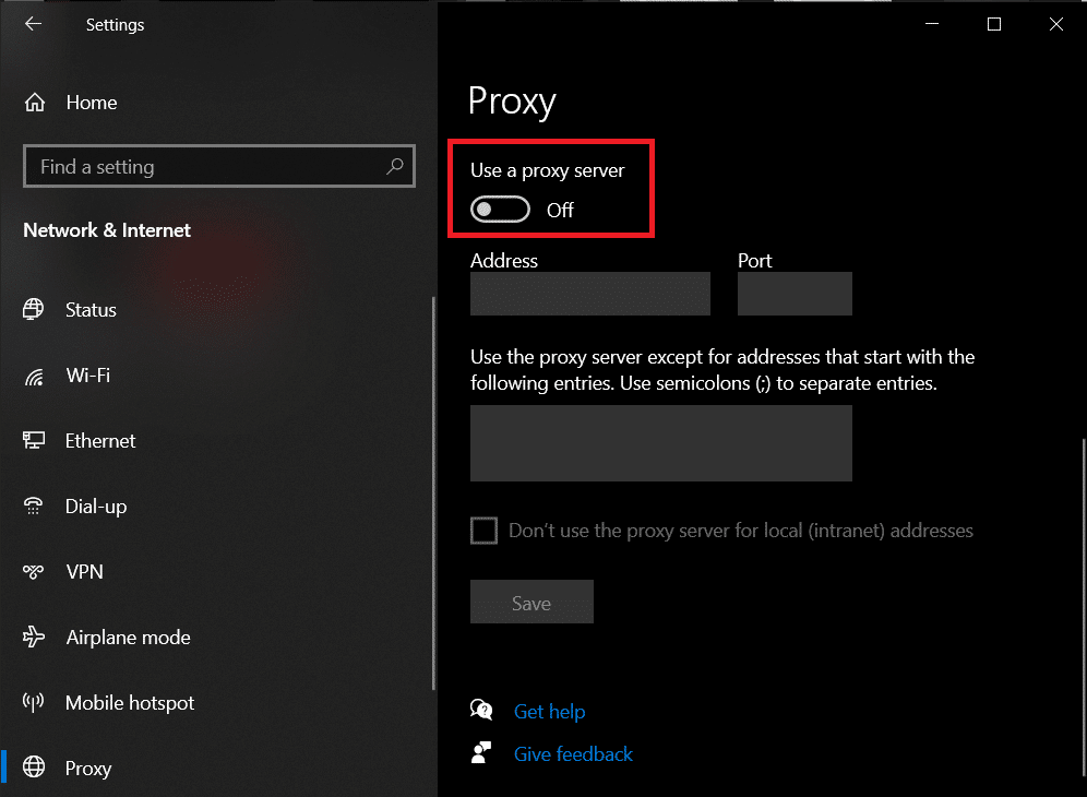 toggle off the ‘Use a proxy server’ switch under the Manual Proxy setup. | Fix: Windows SmartScreen Can't Be Reached Right Now