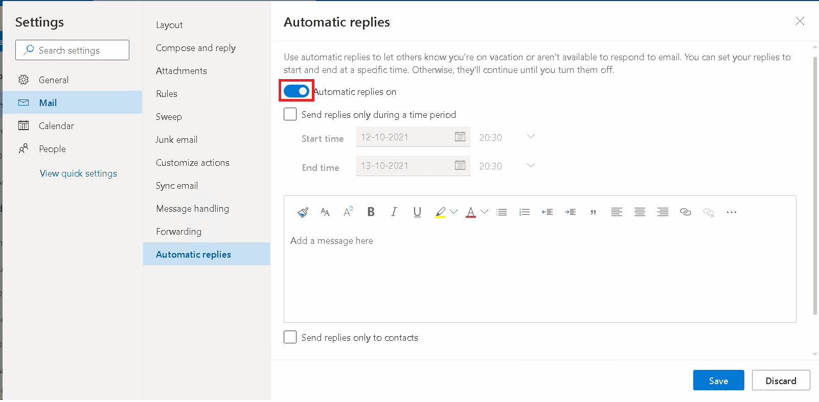 Toggle on Automatic replies on switch. How to Set Out of Office in Teams