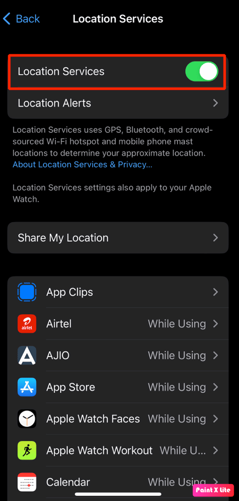 toggle on location services